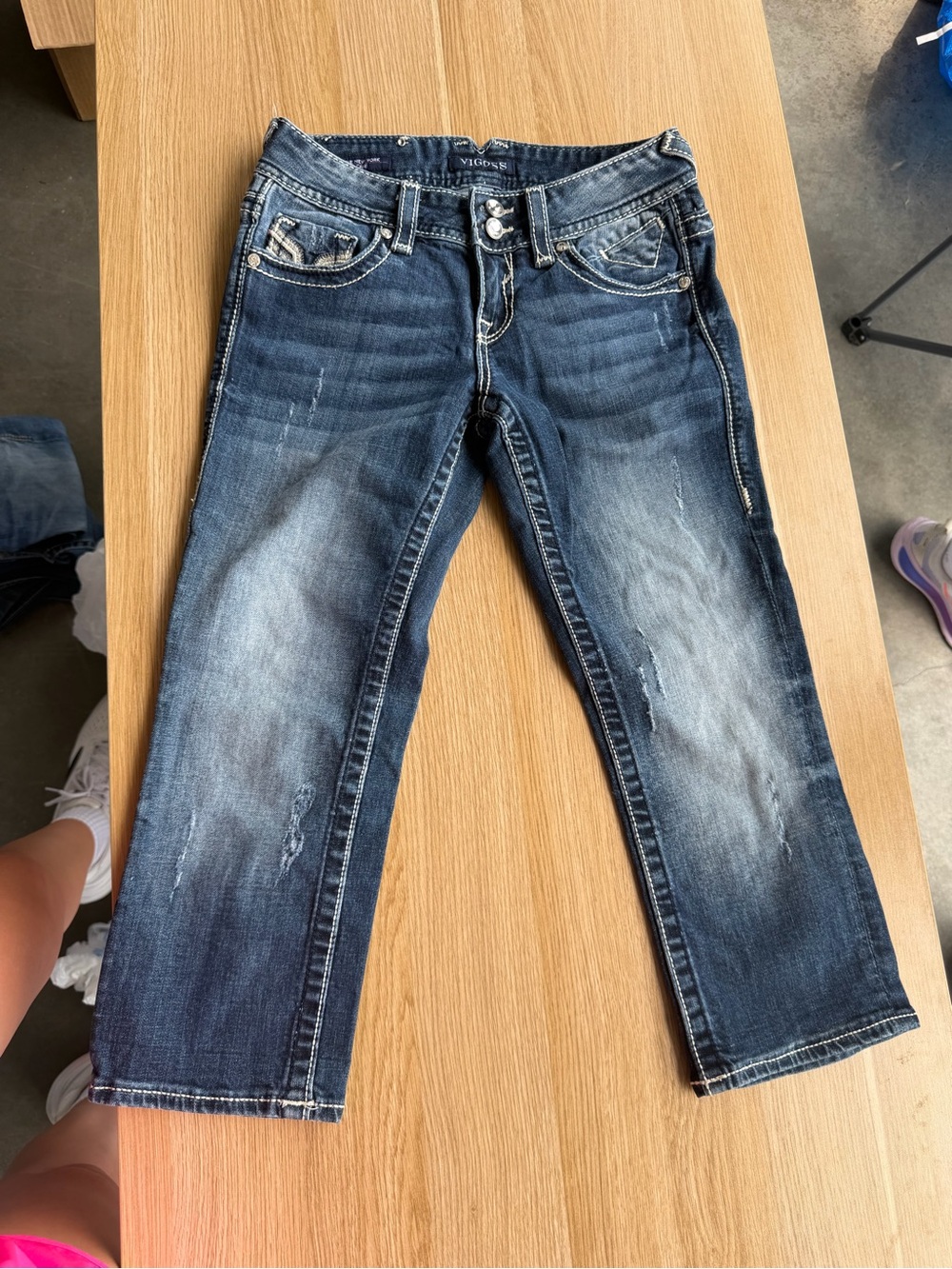 Vigoss Women's Dark Blue Distressed Capris